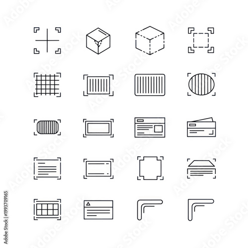 Set of wireframe icons for UI layouts, grids, boxes, and frames in a monochrome design collection.