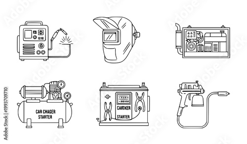 Welding equipment icon set vector air compressor generator industrial tools