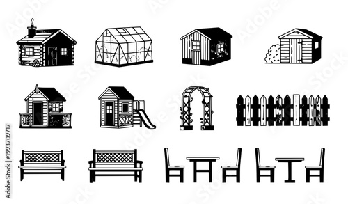 Garden buildings icons vector set cabin greenhouse shed outdoor design