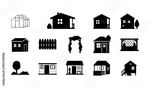 Garden structure icon set vector outdoor buildings shed greenhouse cabin