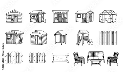 Garden buildings icon set vector cabin shed greenhouse outdoor structures