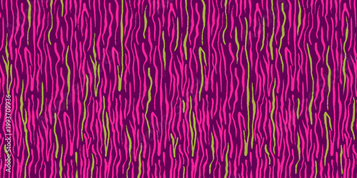 Vibrant Abstract Background With Crayon Animal Print Texture In Pink Neon Green And Purple Vector Illustration. Retro zebra tiger stripe design with hand drawn grunge texture. Perfect for textile