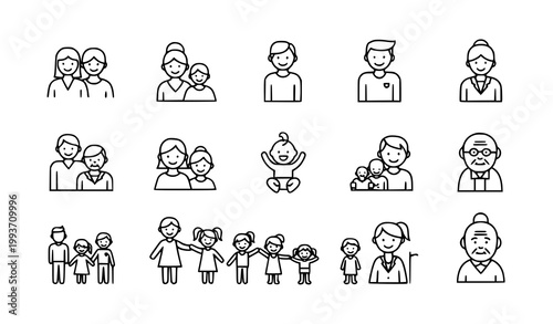 Family line icon set vector parents children grandparents outline UI