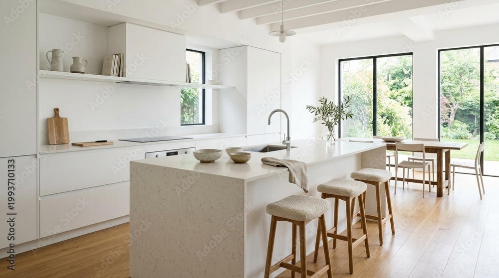 Fototapeta premium Minimalist white kitchen featuring clean design lines, a simple sink, and a modern island with soft textures in a bright room. The