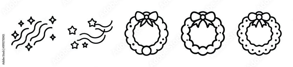 Fototapeta premium Set of holiday vector icons featuring festive christmas wreaths and sparkling magical stars designed in a simple clean black line art style