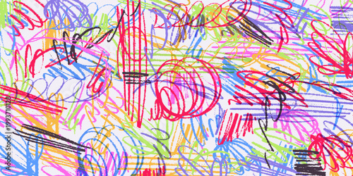 Abstract Background With Colorful Crayon Scribble with Messy Texture Vector Illustration. Vibrant hand drawn squiggles and doodles on light backdrop. Perfect for kids, textile and creative design