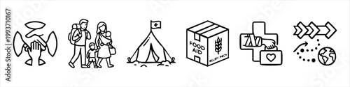 Humanitarian Aid and Refugee Crisis Icons Set - Outline Illustration of Migration, Food Relief, Medical Support, and Shelter