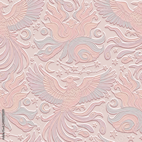 3d embossed fairytale seamless pattern with phoenix birds, stars, and moons. Pastel pink emboss aesthetic with a raised relief texture for luxury wallpaper, gift wrap and sophisticated textile design.