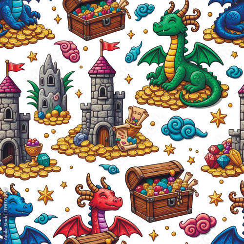 Cute 3d seamless pattern with friendly dragons, medieval stone castles and wooden treasure chests full of gold coins and colorful gems. Magical fairy tale vector background for kids design.
