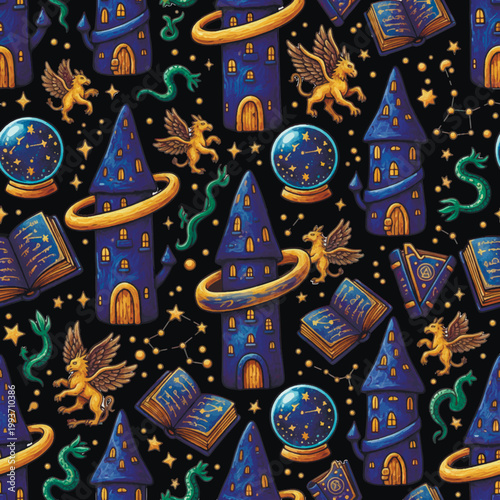 3d Magical seamless pattern with wizard towers, golden griffins, spell books, and crystal balls on a black starry night background. Enchanting fairy tale vector illustration for mystery and fantasy.