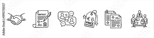 Business Negotiation and Contract Agreement Outline Icons Set - Handshake, Meeting, Counter Offer, and Price Bargaining Concepts