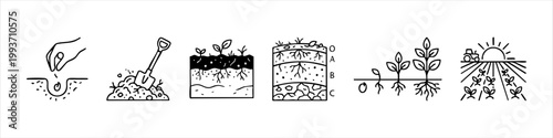 Agriculture and soil science line icon set featuring planting seeds, shovel digging, plant growth stages, soil horizons, and farm field with tractor.
