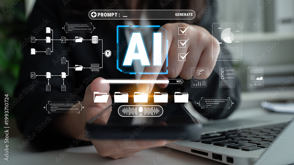 Fototapeta premium Digital Interface Showcasing Artificial Intelligence with User Interaction and Data Visualization on Modern Workspace Quark.