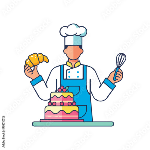 Flat vector illustration of a professional pastry chef in a uniform and apron holding a croissant and a whisk, standing behind a tiered cake with cherries. Bright culinary character design.