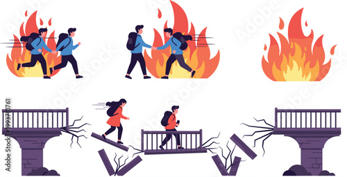 Natural Disaster and Crisis Response Vector Set Featuring People Escaping Wildfires and Crossing Broken Bridges for Humanitarian and Emergency Relief ConceptsNatural Disaster and Crisis Response 
