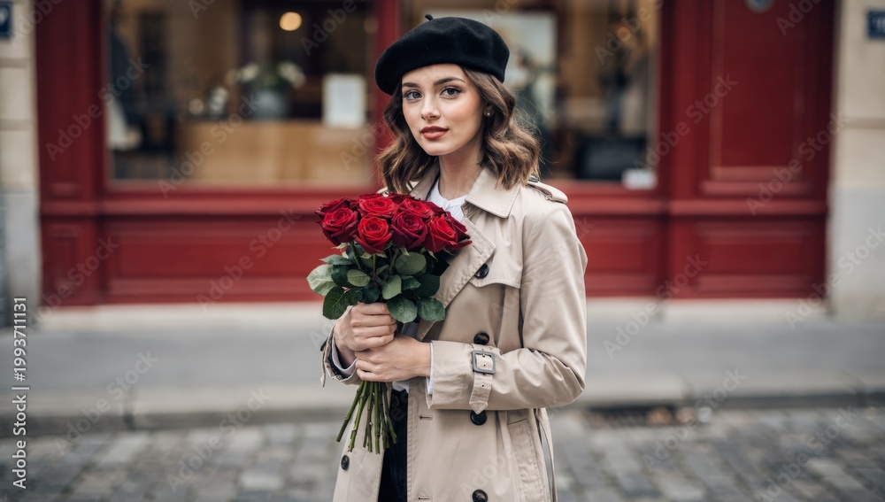 Fototapeta premium A young woman in a stylish outfit holding a bouquet of roses on a city street
