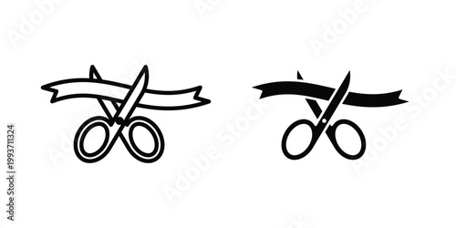 Scissors cutting ribbon icon. Line and glyph solid vector collection.
