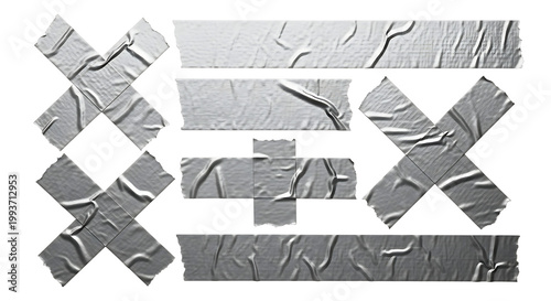 Collection of silver duct tape strips and crosses with wrinkled texture isolated on a black background