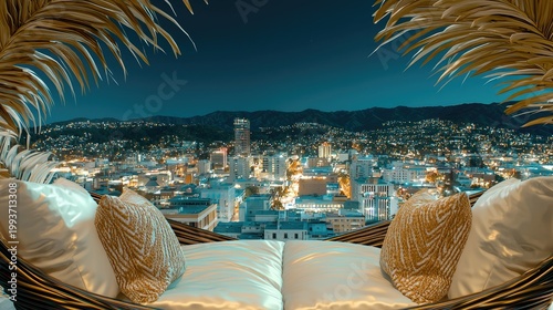 Luxurious rooftop lounge overlooking a vibrant city at night.