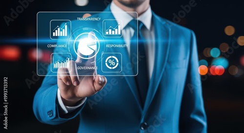 Businessman interacting with a digital interface representing corporate governance, compliance, transparency, and responsibility concepts