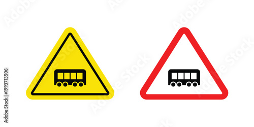 Tramway caution traffic sign. Line and glyph solid vector collection.