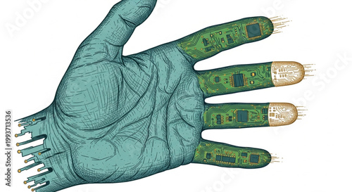 A detailed conceptual illustration of a bionic hand with a teal textured skin. The fingertips reveal integrated green circuit boards and electronic components, symbolizing the fusion of humanity.