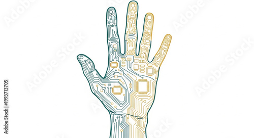 A conceptual illustration of a human hand integrated with a digital circuit board pattern. This clean vector graphic blends biology and technology, symbolizing artificial intelligence, cybernetics.