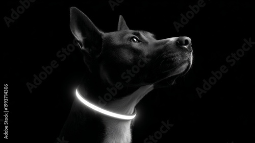 Black and white portrait of a dog with a glowing collar, gazing upwards against a dark background, showcasing the beauty and elegance of canine companionship