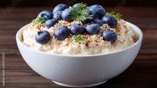Creamy oatmeal bowl topped with fresh blueberries, sprinkled with nuts and herbs, served on a rustic wooden table, showcasing a healthy breakfast option