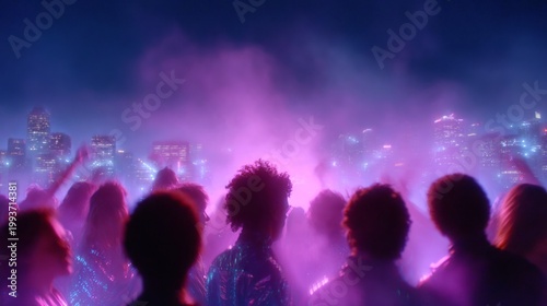 Group of diverse individuals enjoying a vibrant outdoor music festival at night, surrounded by colorful lights and a lively atmosphere, celebrating togetherness and joy
