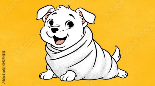 Cute cartoon dog wrapped in a cozy blanket, smiling happily against a bright yellow background, showcasing warmth and playfulness in a delightful illustration