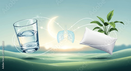 Embracing daily wellness Illustrative concept of hydration, restful sleep, and clean air for a balanced and vibrant lifestyle