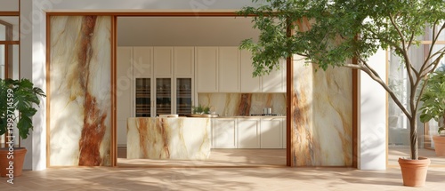 Luxury Kitchen: A contemporary kitchen featuring exquisite onyx stone detailing and warm neutral tones, creating an inviting space of elegance.