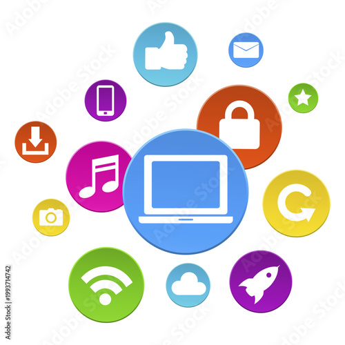 Digital technology concept with various application icons illustrating internet services and mobile connectivity.