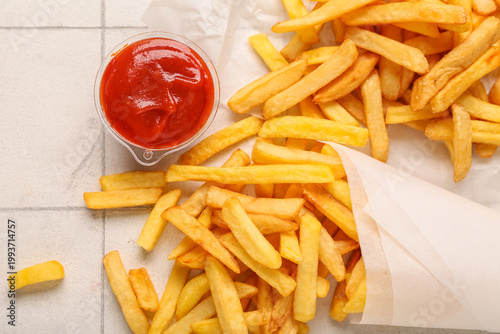 Tasty french fries and plas...
