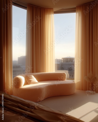 Serene Sunlight Lounge: Luxurious relaxation unfolds in a sun-drenched room, with a plush, curved sofa inviting comfort, the cityscape and fluffy curtains. 