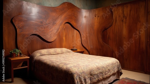 Serene Bedroom Design: A beautifully crafted bedroom showcases a uniquely designed wooden feature wall, complemented by warm lighting and a cozy ambiance.