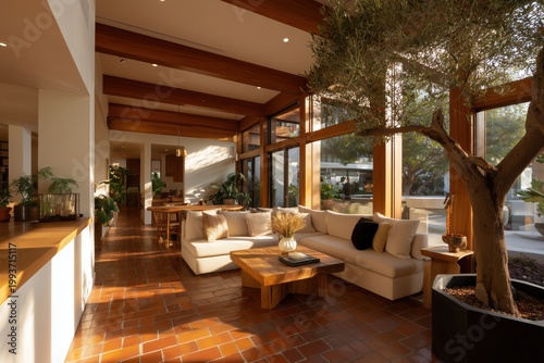 Spacious Modern Interior: The inviting interior features a modern design, highlighted by a large window, wooden beams, a cozy sofa set, and the presence of a tree