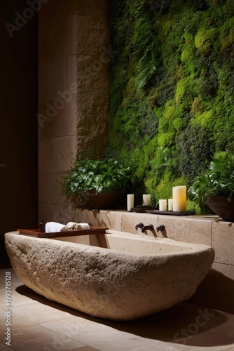 Serene Stone Sanctuary: A luxury spa-like bathroom, featuring a rustic stone bathtub, embraces nature's tranquility with a lush green wall and subtle candles, evoking a sense of peaceful rejuvenation.
