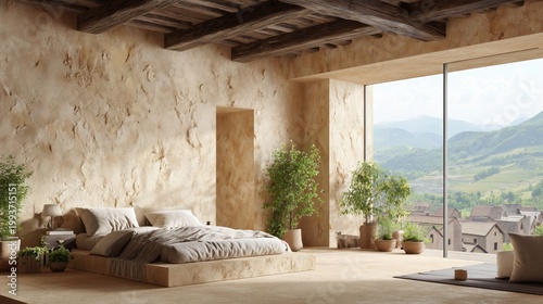 Serene Bedroom Oasis with Mountain View: A tranquil bedroom featuring a bed with pillows, plants, and a breathtaking mountain view creating a harmonious space.