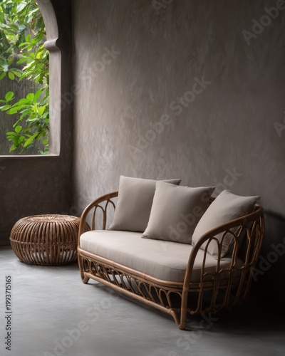 Rattan Sofa in Elegant Interior: A stylish and inviting rattan sofa graces a refined interior space, creating a serene ambiance with its natural texture and design, bathed in soft, diffused light.