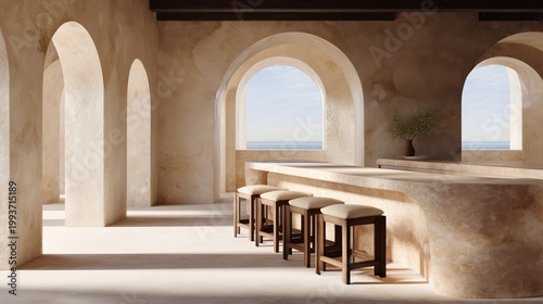 Serene Arched Interior with a Seaside View: A spacious and sunlit interior, adorned with elegant arches and minimalistic decor, offers a captivating view of the sea through the windows.
