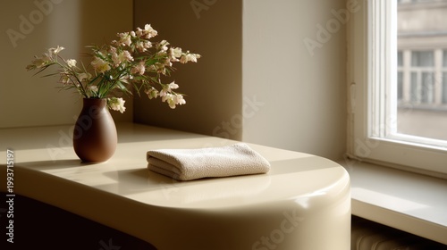 Minimalist Still Life: A tranquil indoor scene, showcasing a harmonious composition of delicate flowers in a ceramic vase and a neatly folded towel, illuminated by soft natural light.