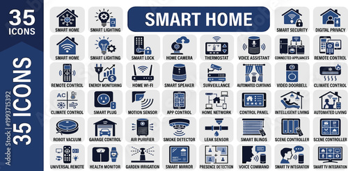 Comprehensive collection of 35 flat design smart home icons representing modern IoT devices, automation systems, and intelligent house technologies for digital interfaces and applications
