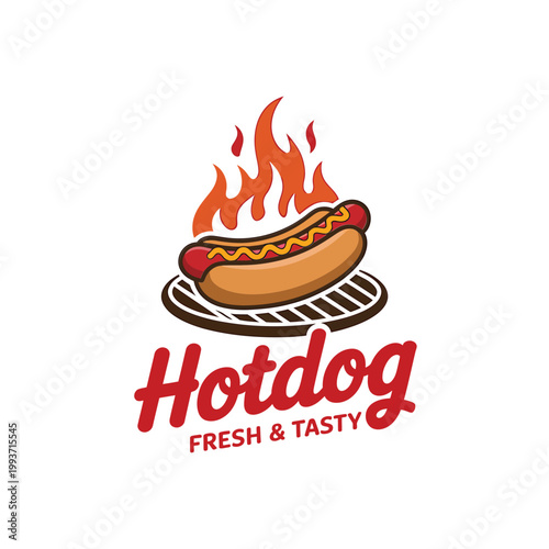 A vibrant illustration of a hotdog on a grill with fiery flames