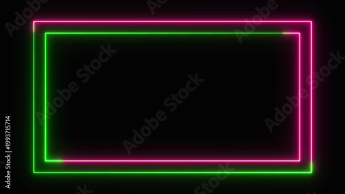 Two glowing neon rectangular frames drawing animation in vibrant pink and green on black background, cyberpunk, gaming, presentation, or futuristic design