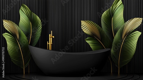 Luxurious black bathtub surrounded by tropical foliage.