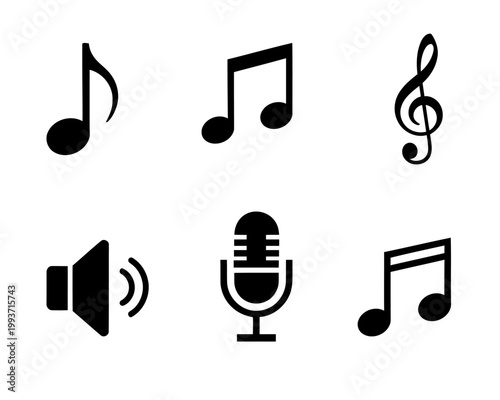Music Note Microphone and Sound Icon Set Vector Illustration Isolated on White Background