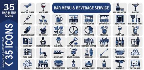 Bar Menu and Beverage Service A Comprehensive Collection of 35 Essential Icons for Hospitality Professionals