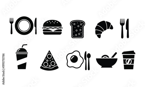 Food and Drink Icon Set with Meal Breakfast Fast Food and Beverage Symbols on White Background
